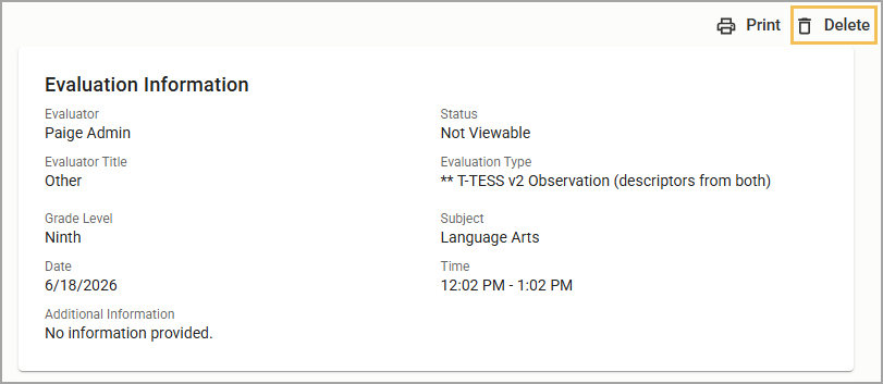The Delete option highlighted for a created document.